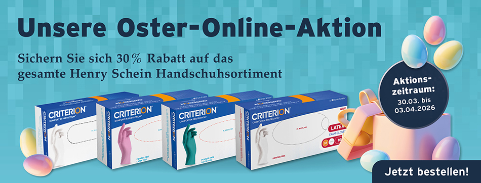 Unsere Oster-Online-Aktion: Sichern Sie sich 30 % Rabatt auf das gesamte Henry Schein Handschuhsortiment; Aktion gueltig vom 30.03. bis 03.04.2026